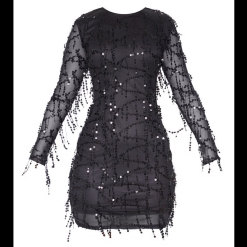 PrettyLittleThing Black Sequin Bodycon Dress with Bishop Sleeves